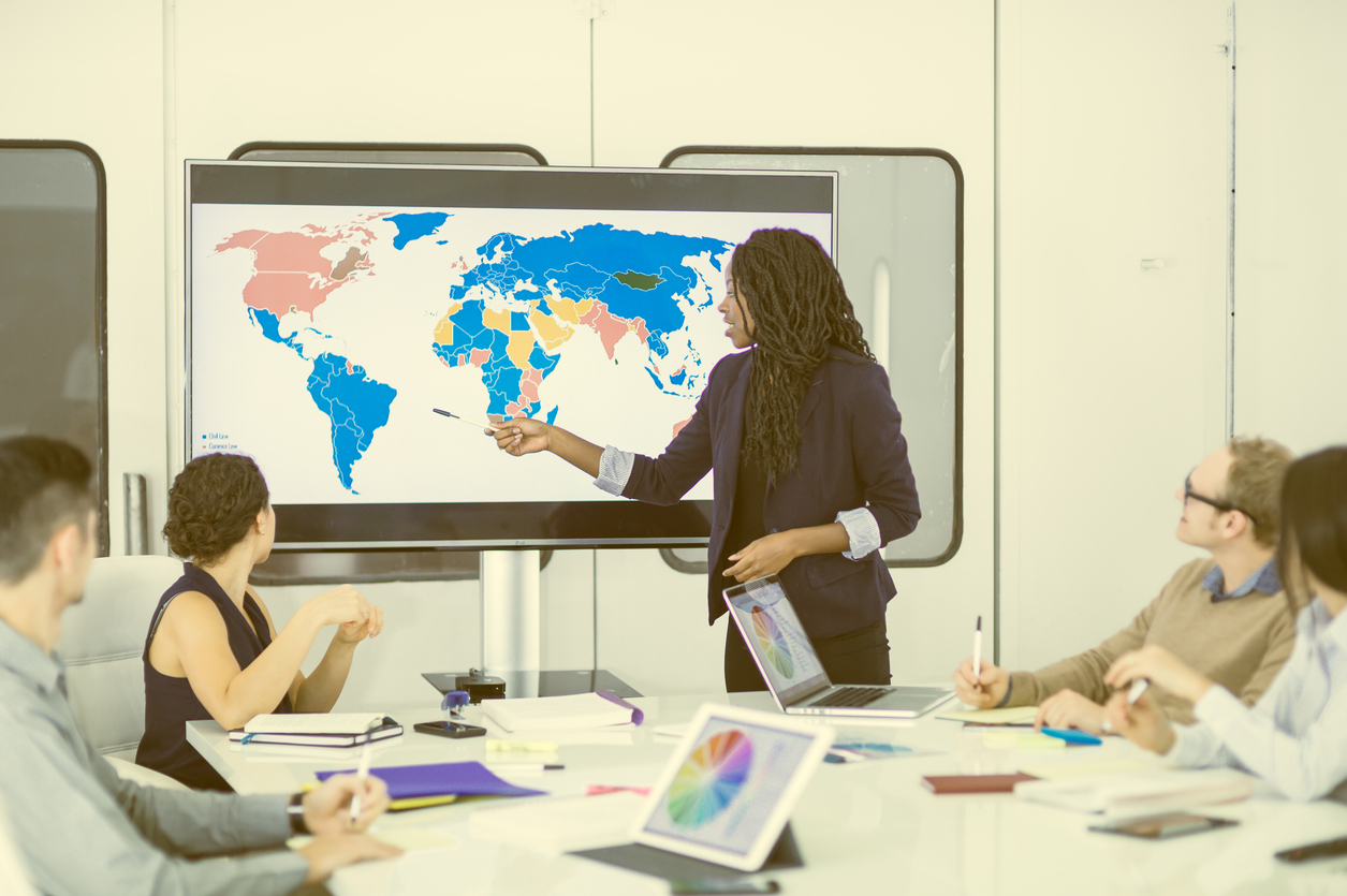 A Health Policy Analyst Gives a Presentation Using a World Map Displayed on a Monitor to Show Global Risk Levels of Illness.